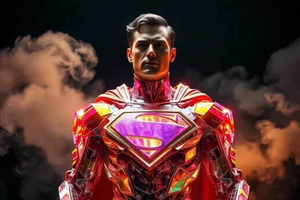 A superhero wearing a complex crystal armor that radiates rainbow hues in a cloud of smoke against a dark background, in high-resolution HDR.