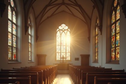 Realistic image of a quiet church interior with sunlight streaming through stained-glass windows on a peaceful Sunday morning.