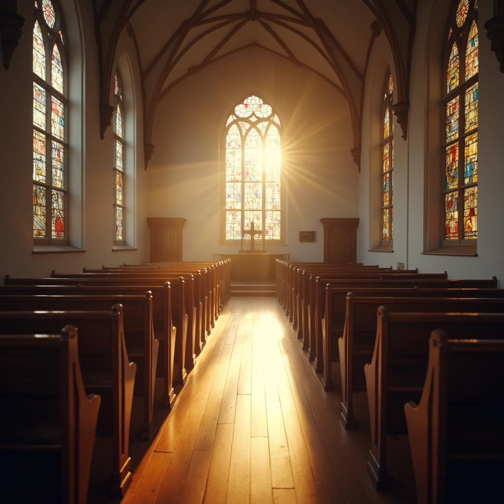 Realistic image of a quiet church interior with sunlight streaming through stained-glass windows on a peaceful Sunday morning.