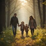 A family walking in a forest with blurred background, captured in photorealistic detail