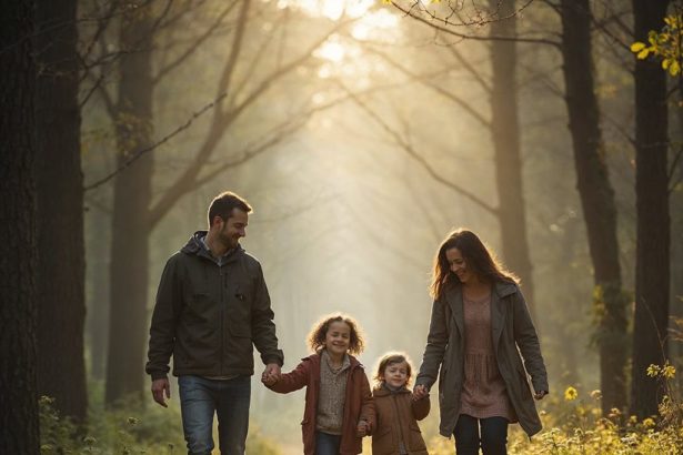 A family walking in a forest with blurred background, captured in photorealistic detail