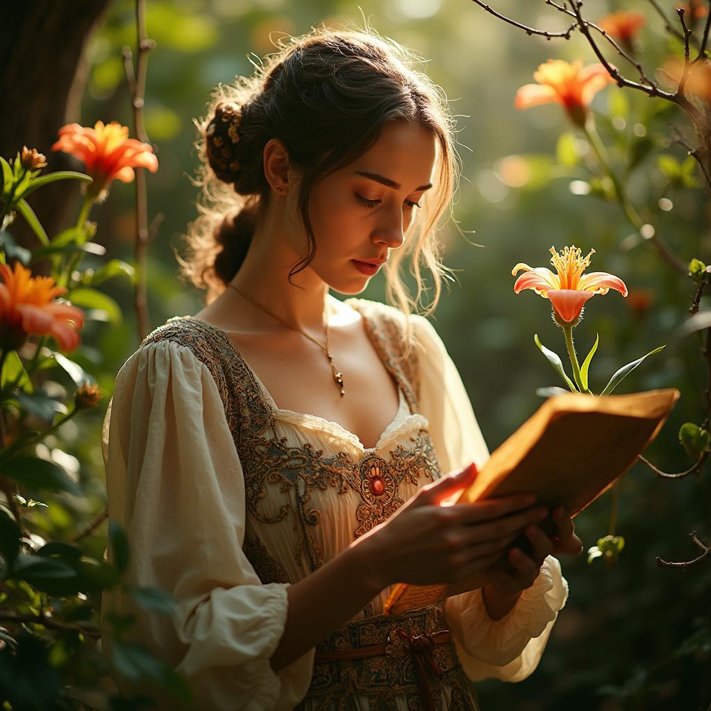 Renaissance botanist in a lush garden examining a rare flower