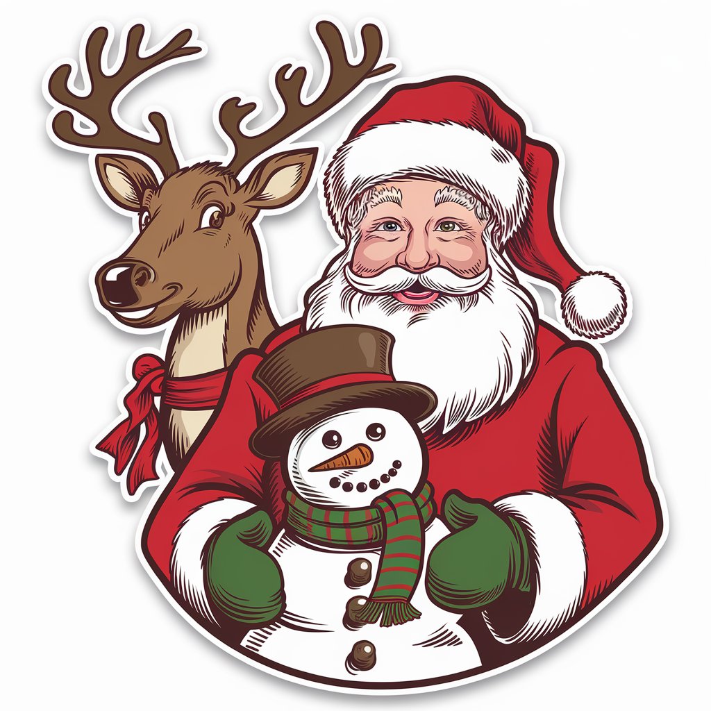 Retro Christmas sticker featuring Santa Claus, reindeer, and snowman in classic 1950s style, on a white background.