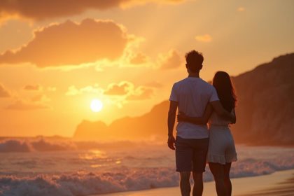 Photorealistic image of a couple watching a beach sunset with waves lapping at their feet, capturing romance and beauty.