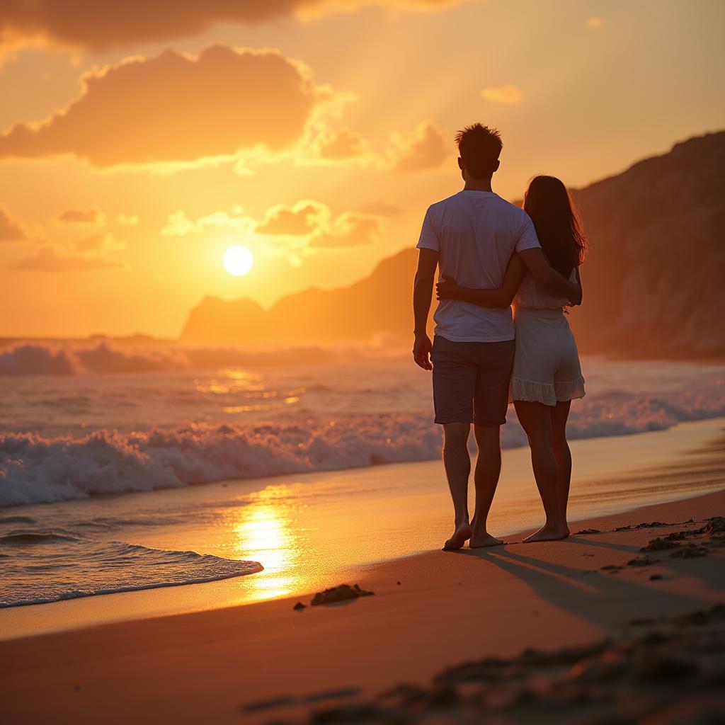 Photorealistic image of a couple watching a beach sunset with waves lapping at their feet, capturing romance and beauty.