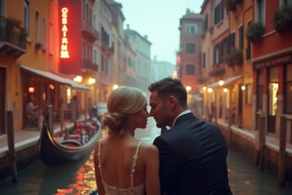 Photorealistic image of a couple on a gondola ride through Venice’s canals, with colorful buildings lining the waterway.