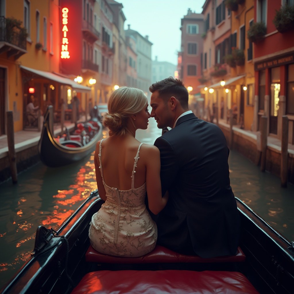 Photorealistic image of a couple on a gondola ride through Venice’s canals, with colorful buildings lining the waterway.