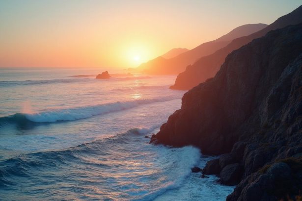 A breathtaking coastline at sunset, captured with a Sony α7 III and 100mm lens