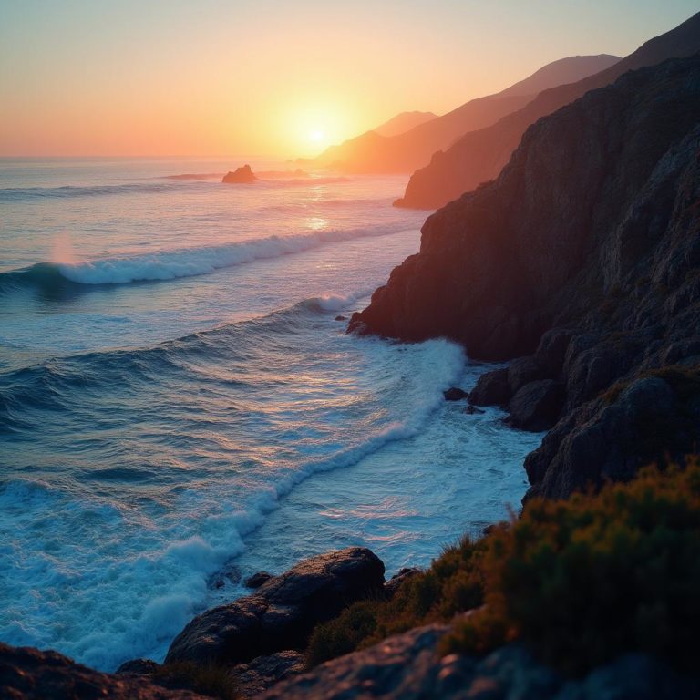 Golden Sunset Over a Rugged Coastline: A Dreamlike Scene