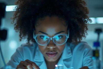 Realistic image of a scientist in a laboratory, surrounded by test tubes and microscopes, conducting experiments.