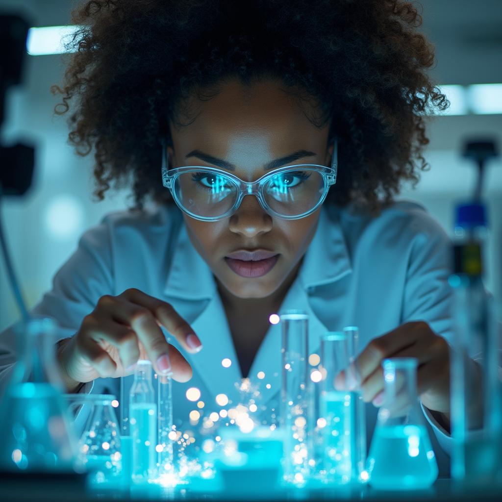 Realistic image of a scientist in a laboratory, surrounded by test tubes and microscopes, conducting experiments.