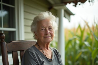 Portrait of a senior citizen on a rocking chair with a blurred cornfield background.