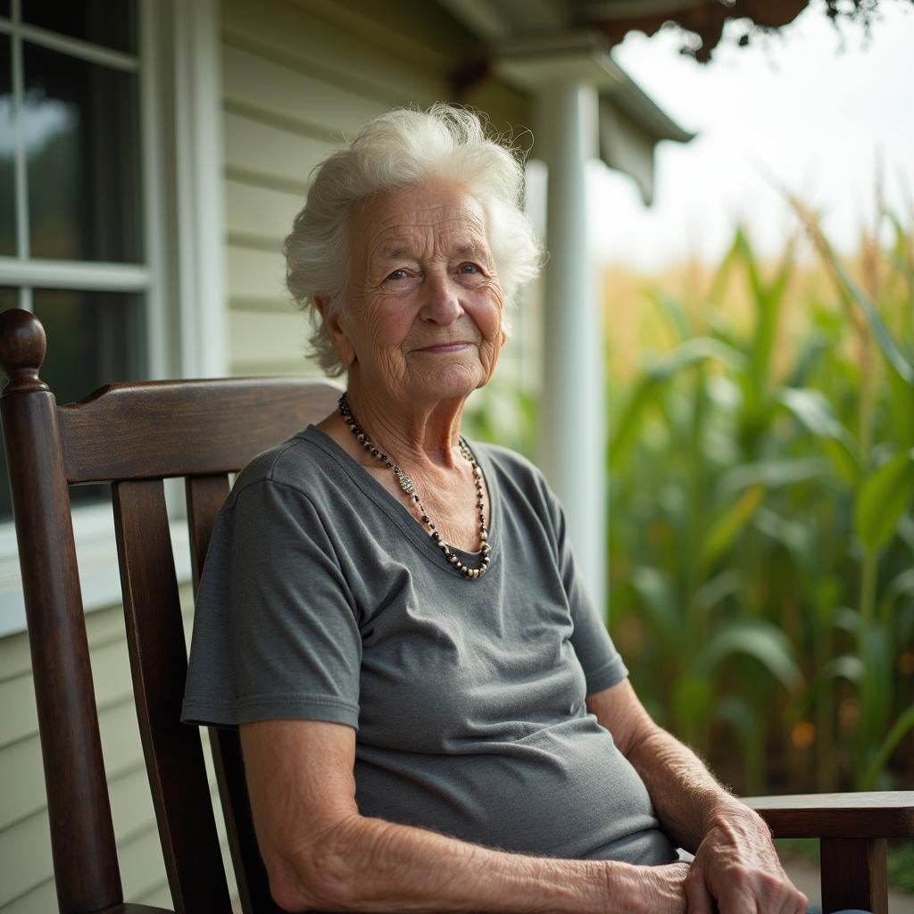 Portrait of a senior citizen on a rocking chair with a blurred cornfield background.