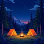 Nighttime camping scene in a forest with glowing tents, campfire, and starry sky