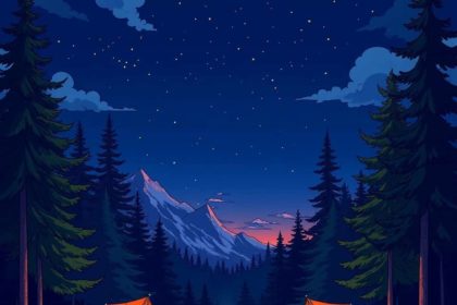 Nighttime camping scene in a forest with glowing tents, campfire, and starry sky