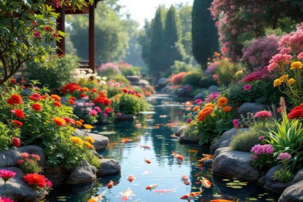 Photorealistic image of a serene garden with a koi pond, colorful flowers, and fish swimming in the water.