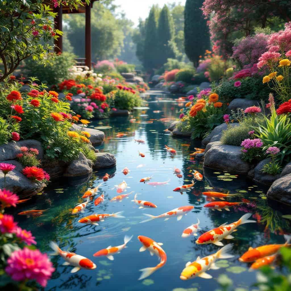 Photorealistic image of a serene garden with a koi pond, colorful flowers, and fish swimming in the water.