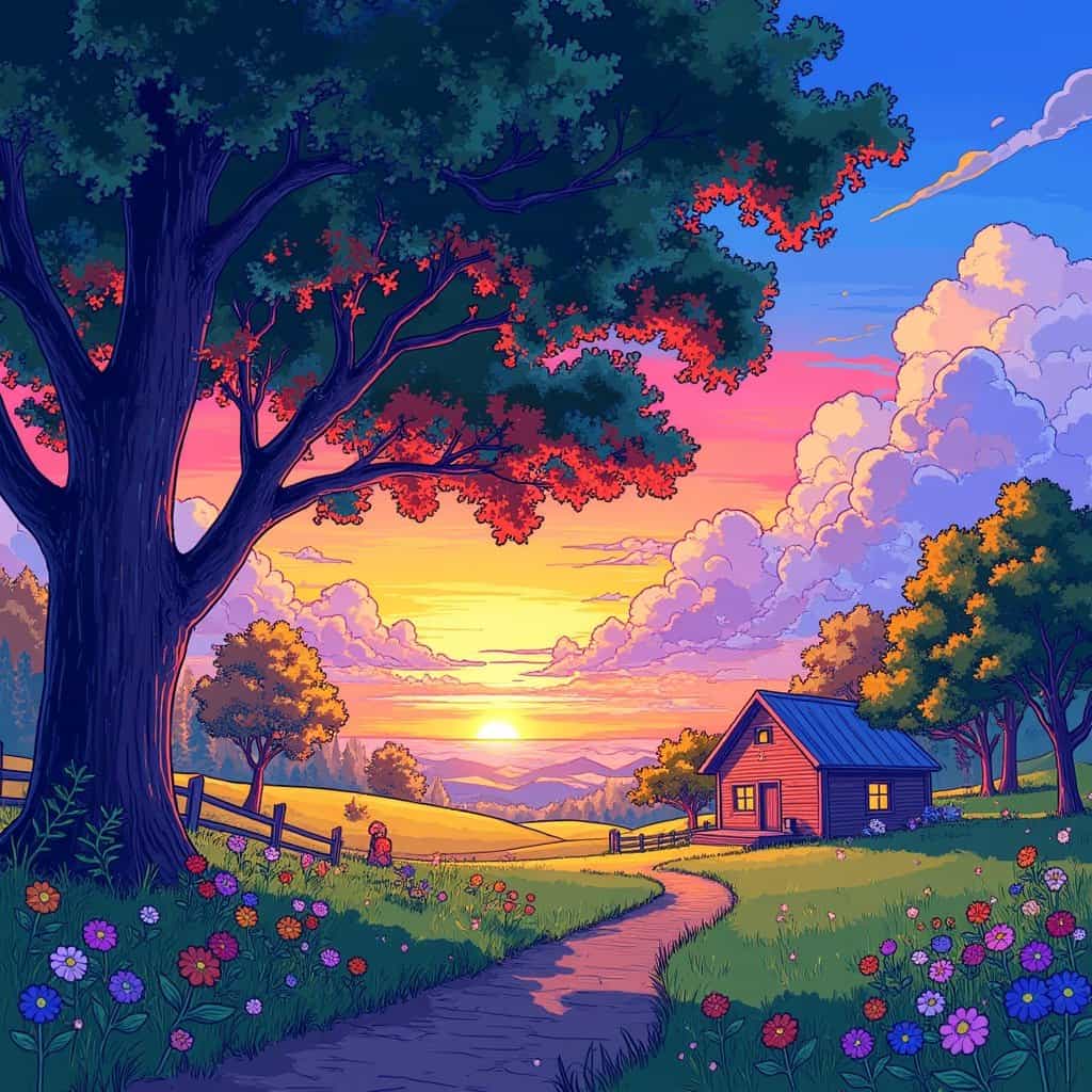 Rural sunset scene with a large tree, cozy cottage, and golden clouds