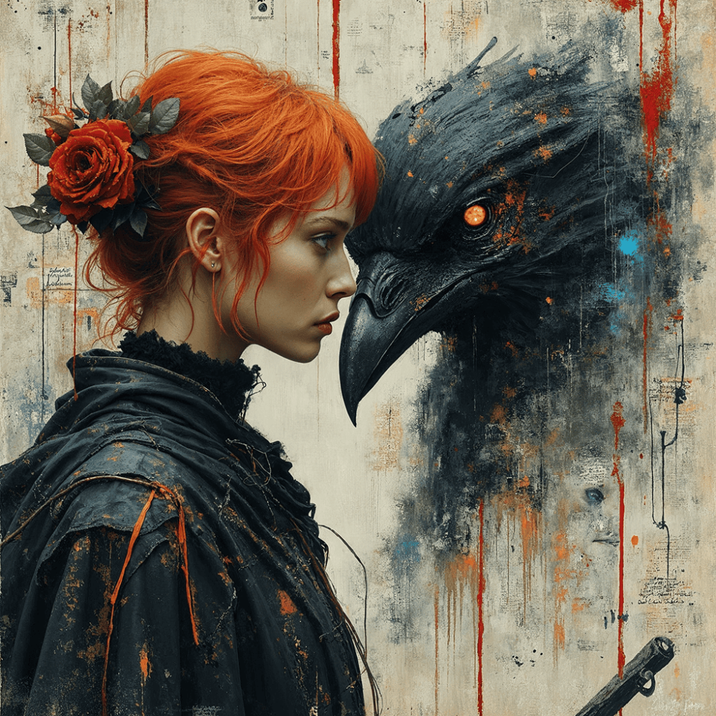 A futuristic warrior woman with glowing orange hair and electronic components holds a sword as a majestic raven sits on her arm, their faces illuminated by soft blue light in a dark cityscape.