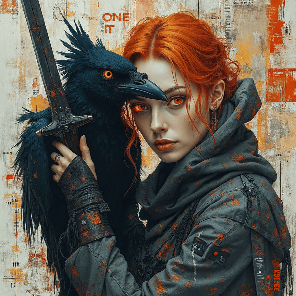 A futuristic warrior woman with glowing orange hair and electronic components holds a sword as a majestic raven sits on her arm, their faces illuminated by soft blue light in a dark cityscape.