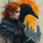 A futuristic warrior woman with glowing orange hair and electronic components holds a sword as a majestic raven sits on her arm, their faces illuminated by soft blue light in a dark cityscape.