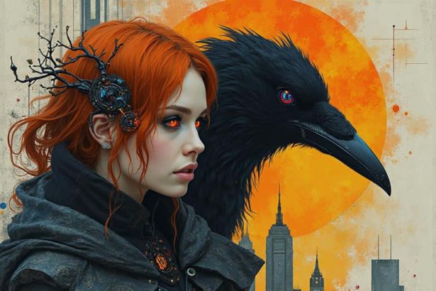 A futuristic warrior woman with glowing orange hair and electronic components holds a sword as a majestic raven sits on her arm, their faces illuminated by soft blue light in a dark cityscape.