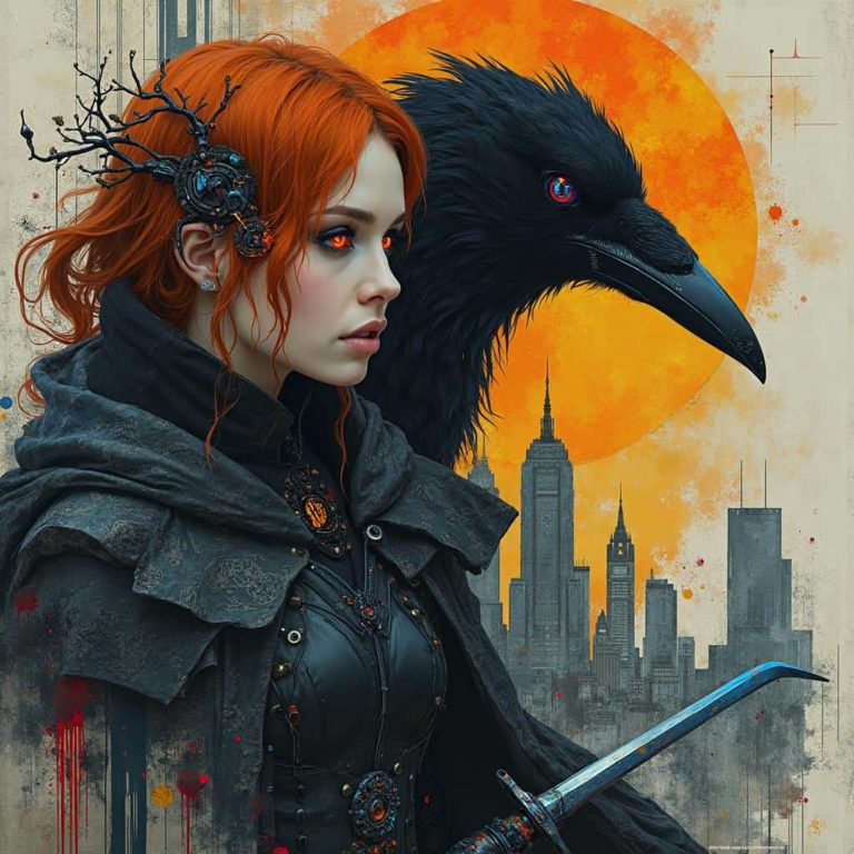 Shadows and Light: Futuristic Warrior and Raven’s Gaze