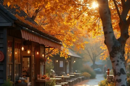 Realistic image of a small town in autumn with colorful leaves and a cozy coffee shop in the distance.