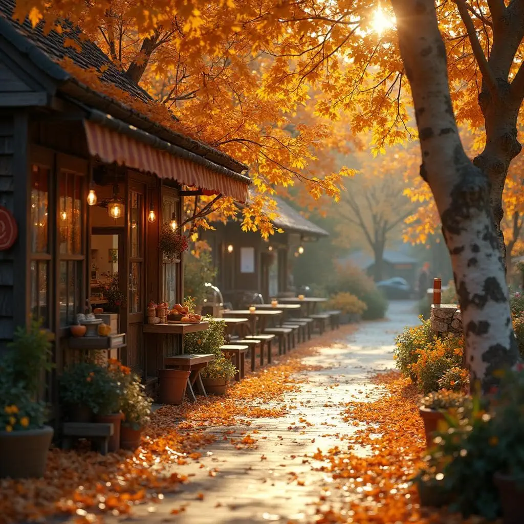 Realistic image of a small town in autumn with colorful leaves and a cozy coffee shop in the distance.