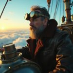 Steampunk airship captain with brass instruments on a dirigible