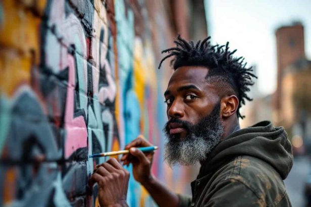 Candid portrait of a street artist painting a mural on a brick wall with a blurred cityscape in the background.