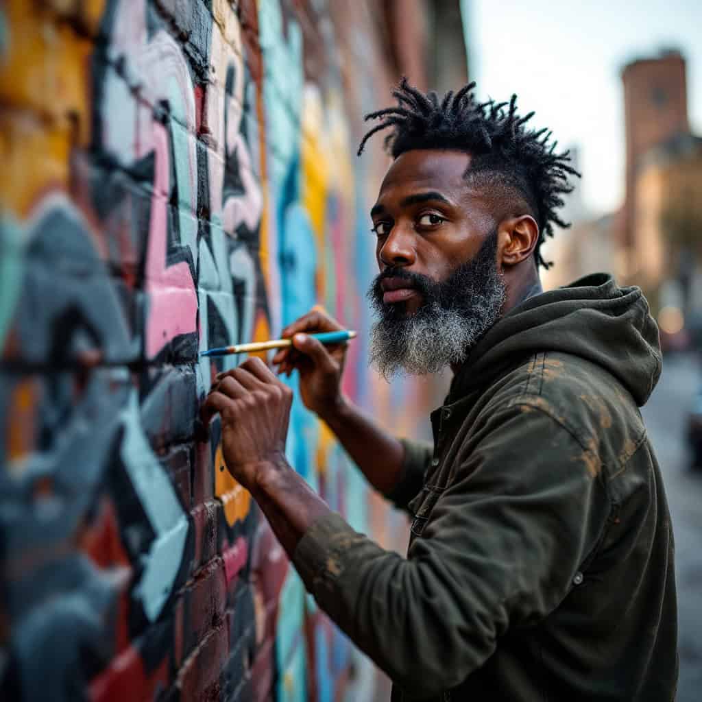 Candid portrait of a street artist painting a mural on a brick wall with a blurred cityscape in the background.