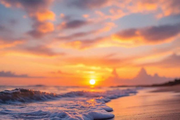 A realistic beach sunset with warm orange and pink tones in the sky.