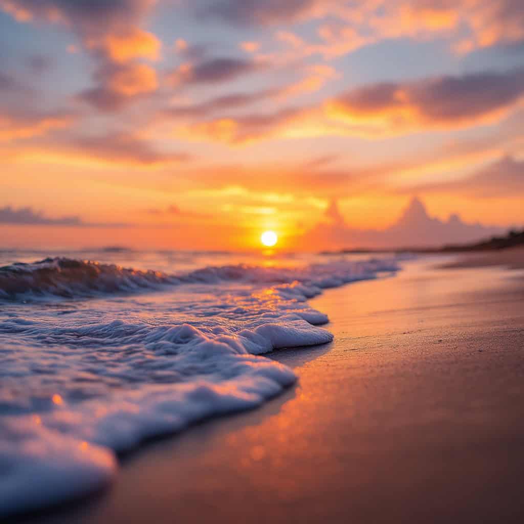 A realistic beach sunset with warm orange and pink tones in the sky.