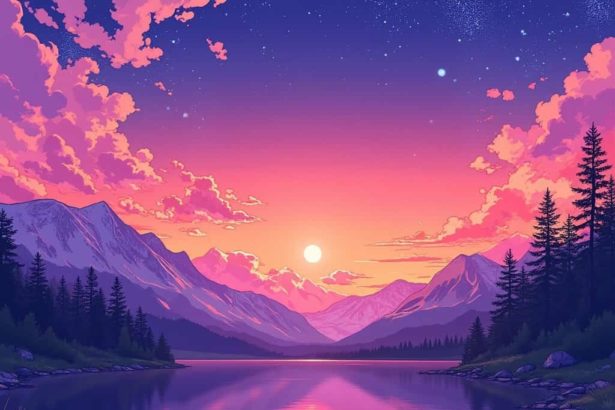 Anime-style lake sunset with mountains, orange-pink sky, and stars