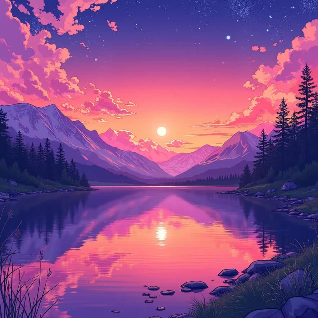 Anime-style lake sunset with mountains, orange-pink sky, and stars