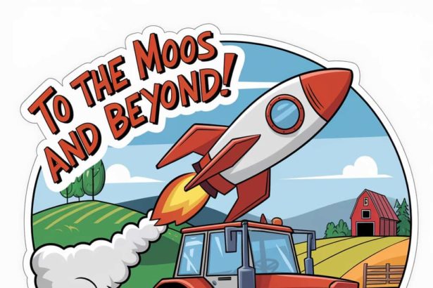 Cartoon-style tractor with a rocket pack blasting off, text "To the Moos and Beyond!"