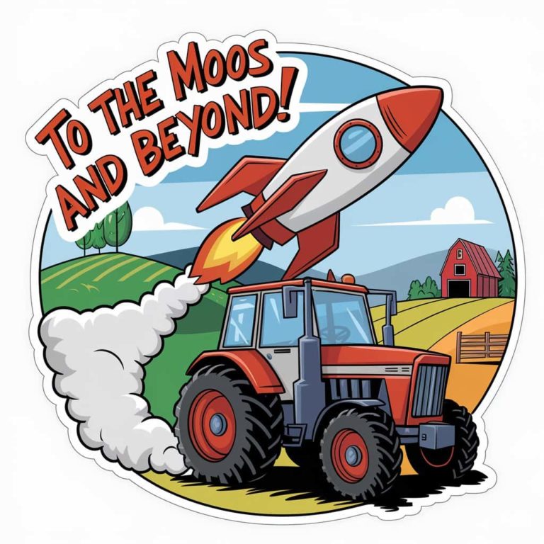 Cartoon Tractor with Rocket Sticker: “To the Moos and Beyond!”