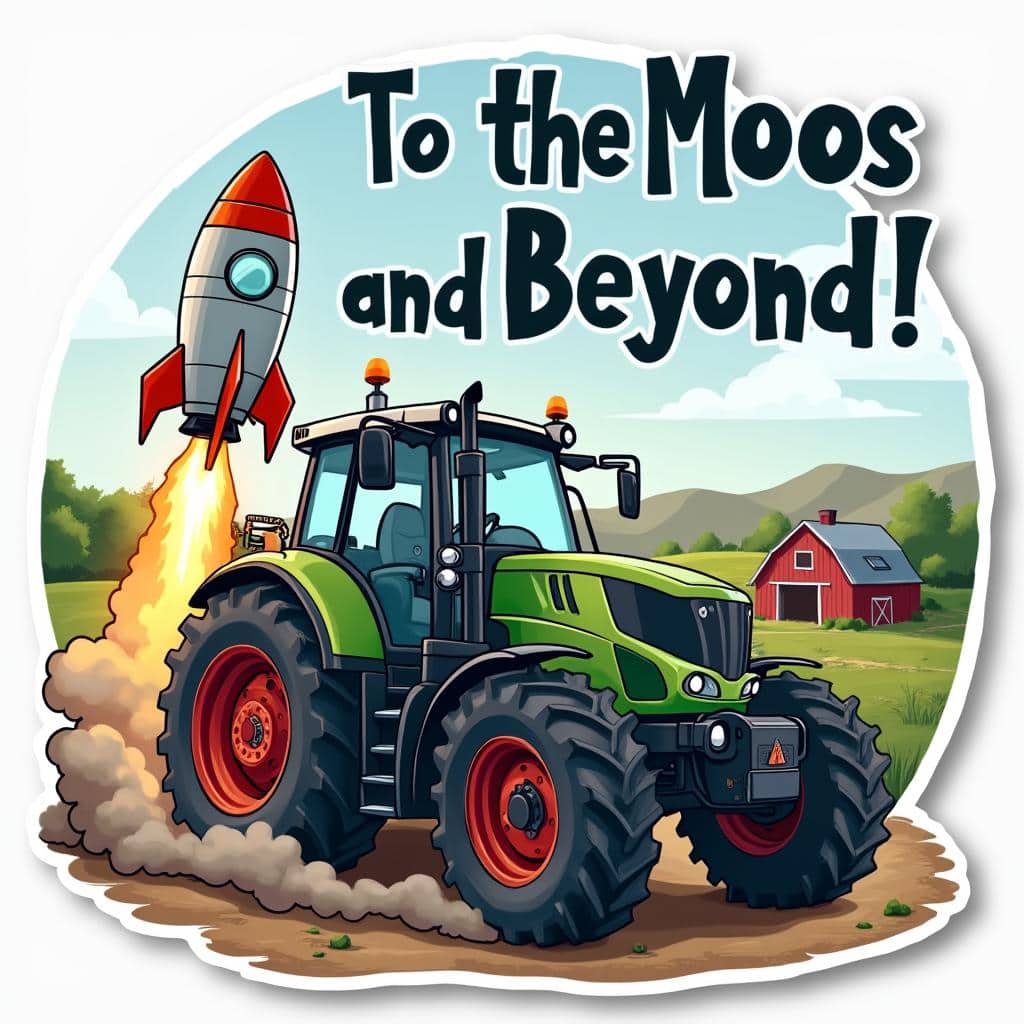 Cartoon-style tractor with a rocket pack blasting off, text "To the Moos and Beyond!"