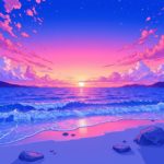 Anime-style twilight beach scene with gentle waves, distant islands, and a tranquil sky