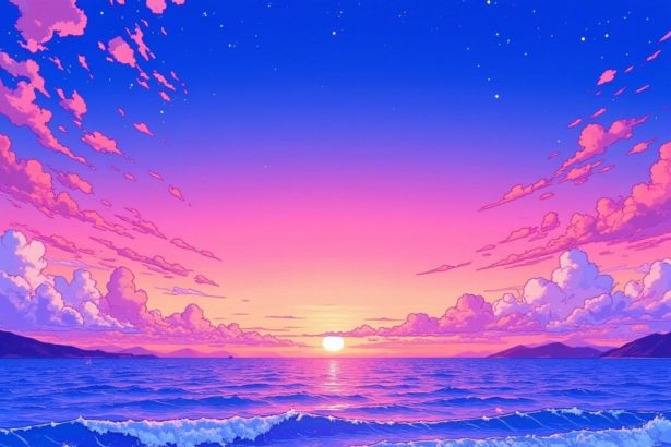 Anime-style twilight beach scene with gentle waves, distant islands, and a tranquil sky