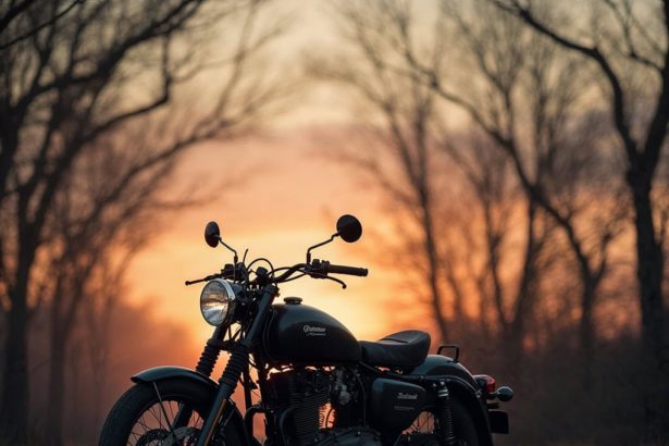 Vintage motorcycle parked on a deserted road at dusk with an orange-glow sky