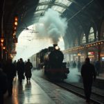 Realistic image of a vintage train station with a steam locomotive puffing away and passengers bustling around.