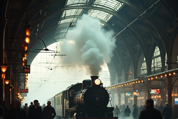 Realistic image of a vintage train station with a steam locomotive puffing away and passengers bustling around.