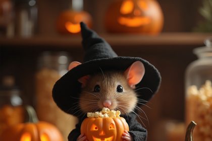 Adorable Halloween mouse in witch costume holding a jack-o'-lantern