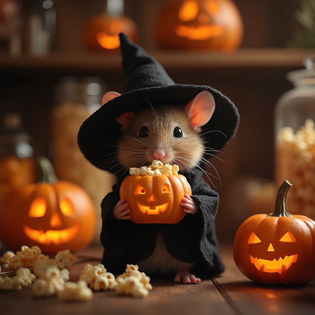 Adorable Halloween mouse in witch costume holding a jack-o'-lantern