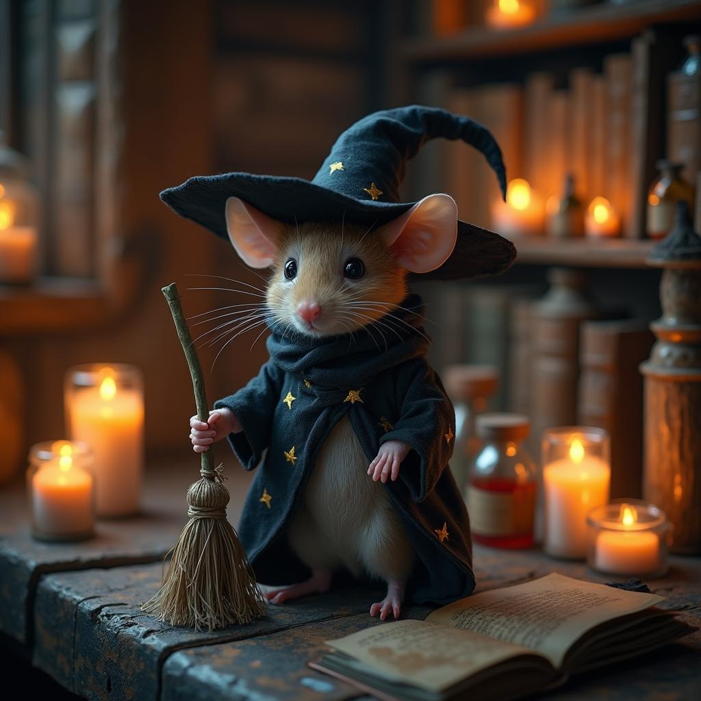 Adorable Halloween mouse in witch costume