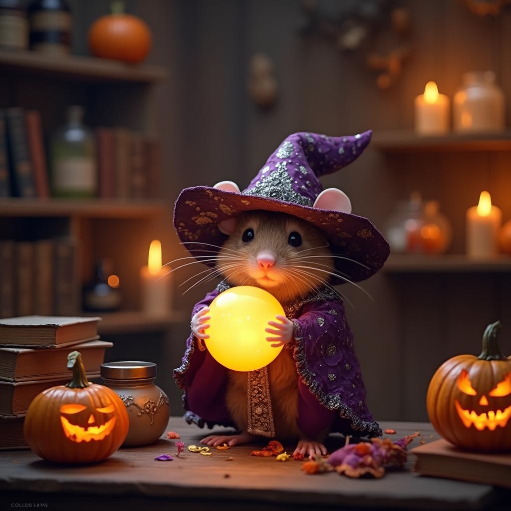 Adorable Halloween mouse in witch costume