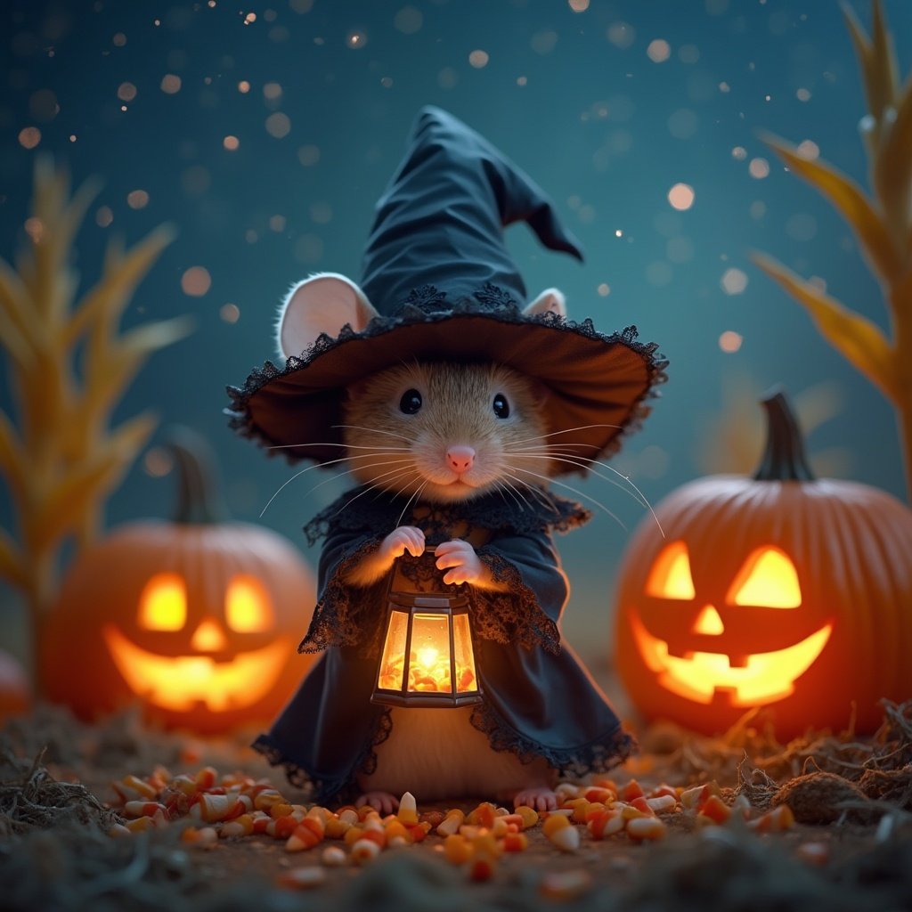 Adorable Halloween mouse in witch costume