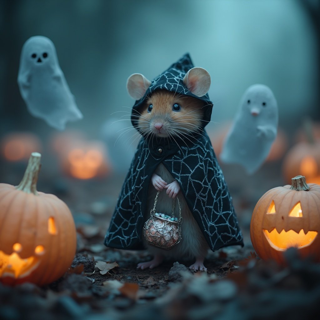 Adorable Halloween mouse in witch costume